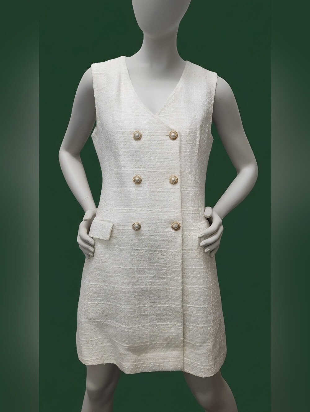 NWT Zara Textured Waistcoat Dress Tweed Pearl Button Sz:M